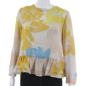 Rodebjer Womens Floral Viscose Blouse Button Round Neck Long Sleeve Size XS